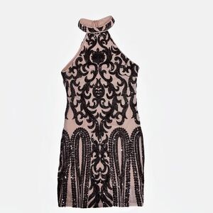 Nude Sequin Halter Neck Dress